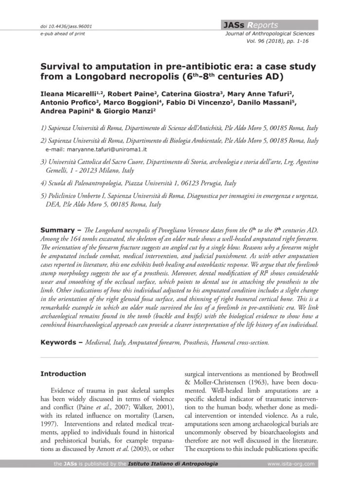 (PDF) Survival to amputation in pre-antibiotic era: a case study from a Longobard necropolis (6th-8th centuries AD)