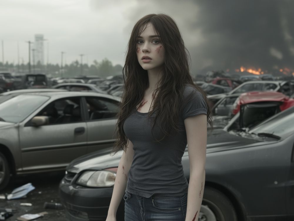 This image evokes the raw intensity of a post-apocalyptic survival story. The woman's tattered yet resolute presence, set against a backdrop of destruction and fire, suggests that she has endured something harrowing. The wrecked vehicles and burning horizon create a stark, cinematic atmosphere, reminiscent of dystopian fiction. The contrast between her pale skin and dark hair enhances her presence as a central figure, symbolizing resilience in a world collapsing around her.

For the Visually Impaired: Imagine a young woman with long, dark hair standing in the middle of a wrecked junkyard. She has small cuts on her face and arms, and her dark t-shirt and jeans are slightly torn and dirty. Around her, hundreds of broken cars are stacked and scattered, their windows shattered and frames dented. In the distance, thick black smoke rises into the sky, and fires burn brightly, lighting up the cloudy sky. She looks tired but strong, as if she’s just survived something terrible and is ready to keep fighting. The scene is quiet except for the distant crackling of flames and the eerie emptiness of the ruined world around her.
