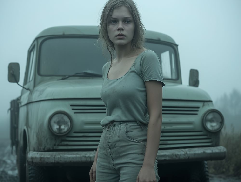 A young woman with disheveled blonde hair and a dirt-stained green outfit stands in front of an old, weathered military-style truck. The scene is enveloped in thick fog, creating an eerie, desolate atmosphere. Her expression is a mix of exhaustion and determination as she looks off into the distance. The truck, covered in grime and mud, appears abandoned or in disrepair, adding to the somber, post-apocalyptic setting.

This cinematic, moody image captures the raw tension of survival in an uncertain world. The muted, desaturated color palette and heavy fog give the scene a sense of loneliness and mystery. The woman's posture and expression suggest resilience and caution, as if she has just overcome an ordeal or is anticipating the next challenge. The old truck behind her, with its rugged and utilitarian design, hints at a setting where resources are scarce, and every vehicle is a lifeline. The overall composition and atmosphere evoke themes of abandonment, struggle, and endurance.

For the Visually Impaired: Imagine a young woman standing in front of an old, military-style truck on a foggy, desolate road. Her light green clothes are dirty, and her blonde hair is messy, as if she’s been traveling for days. Her face looks tired but determined, and she stares off into the distance, as if expecting something—or someone. The truck behind her is old, covered in mud, and looks like it hasn’t been used in a while. The fog is thick, making it hard to see what’s beyond the road, adding a sense of mystery and unease. It’s a quiet, lonely scene, like something from a survival story or a lost world.