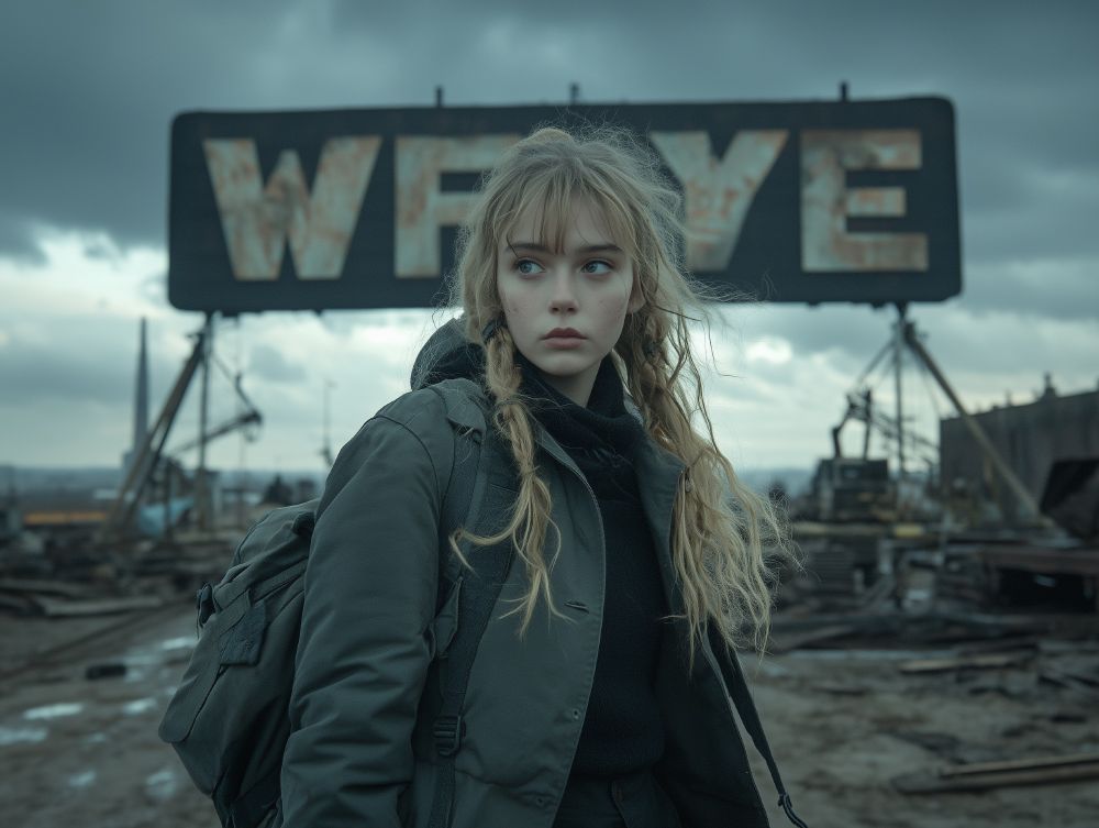 A young woman with long, blonde braided hair and a determined expression stands in a post-apocalyptic industrial landscape. She wears a dark green military-style jacket and carries a backpack, her face slightly dirty. Behind her, a massive, rusted sign with the word "WA-YE" looms over the desolate ruins, surrounded by broken machinery and metal structures under a stormy sky.

Artistic Description: This image perfectly captures the resilience of a survivor in a ruined world. The girl's expression is a mix of defiance and quiet determination, while her rugged clothing and tactical backpack suggest she has been navigating this hostile environment for a long time. The weathered sign in the background, paired with dark clouds and remnants of industry, hints at a once-thriving civilization now lost to time. The muted color palette, cold tones, and subtle wind in her hair create an eerie, cinematic feel—like a moment from a dystopian film.

For the Visually Impaired: Imagine a young woman standing in the middle of a ruined industrial wasteland. She wears a dark green jacket and has two messy blonde braids. There’s dirt on her fair skin, and her eyes look sharp, as if she’s always on guard. A large, rusted metal sign behind her reads "WA-YE," its letters faded and corroded. The ground is littered with broken machinery, twisted metal beams, and abandoned structures. The sky is dark and stormy, the wind ruffling her hair and coat. She looks like someone who has been through a lot but refuses to give up.