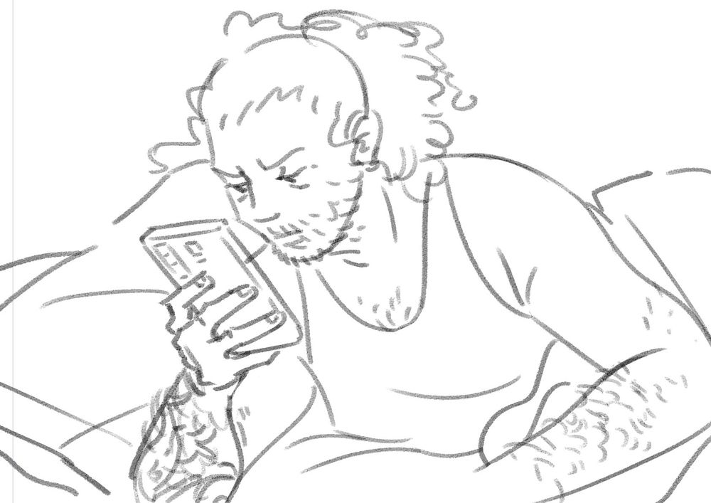 line drawing of a man slightly hunched over in bed looking very closely at his phone after just waking up