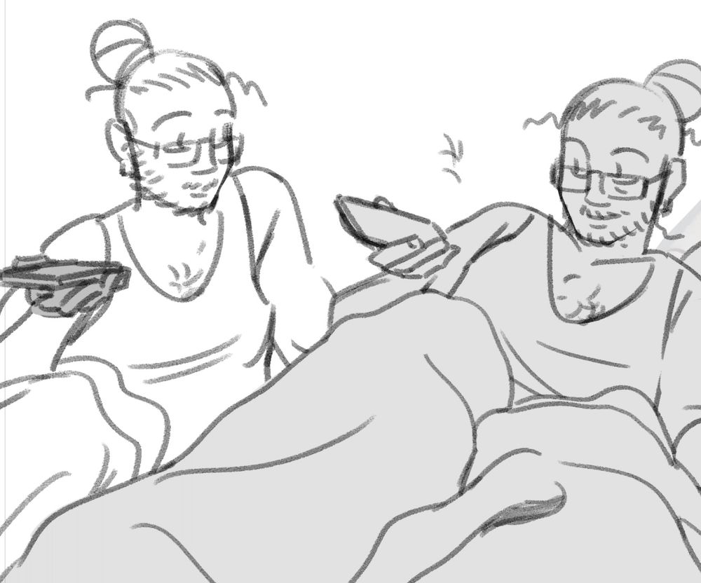 digital drawings of a bearded man with his hair in a bun and glasses climbing into bed with a pleased expression on his face as he makes a phone call, he's holding the phone in his right hand in front of him while settling into bed