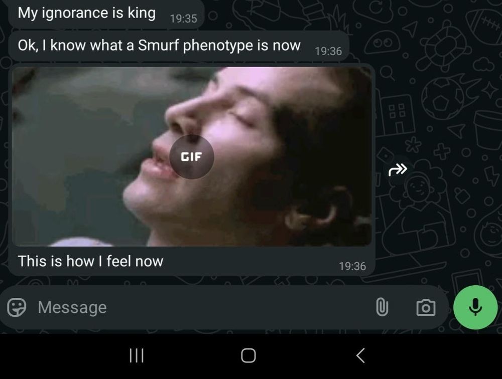 A picture of neo (matrix) subtitled "this is how I feel now" under a sentence saying "ok, I know what a Smurf phenotype is now"