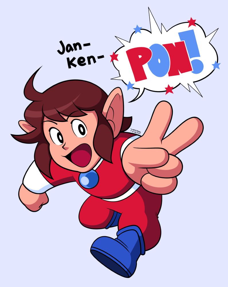 Alex Kidd preparing his hand for a potentially deadly game of Rock, Paper, Scissors!
