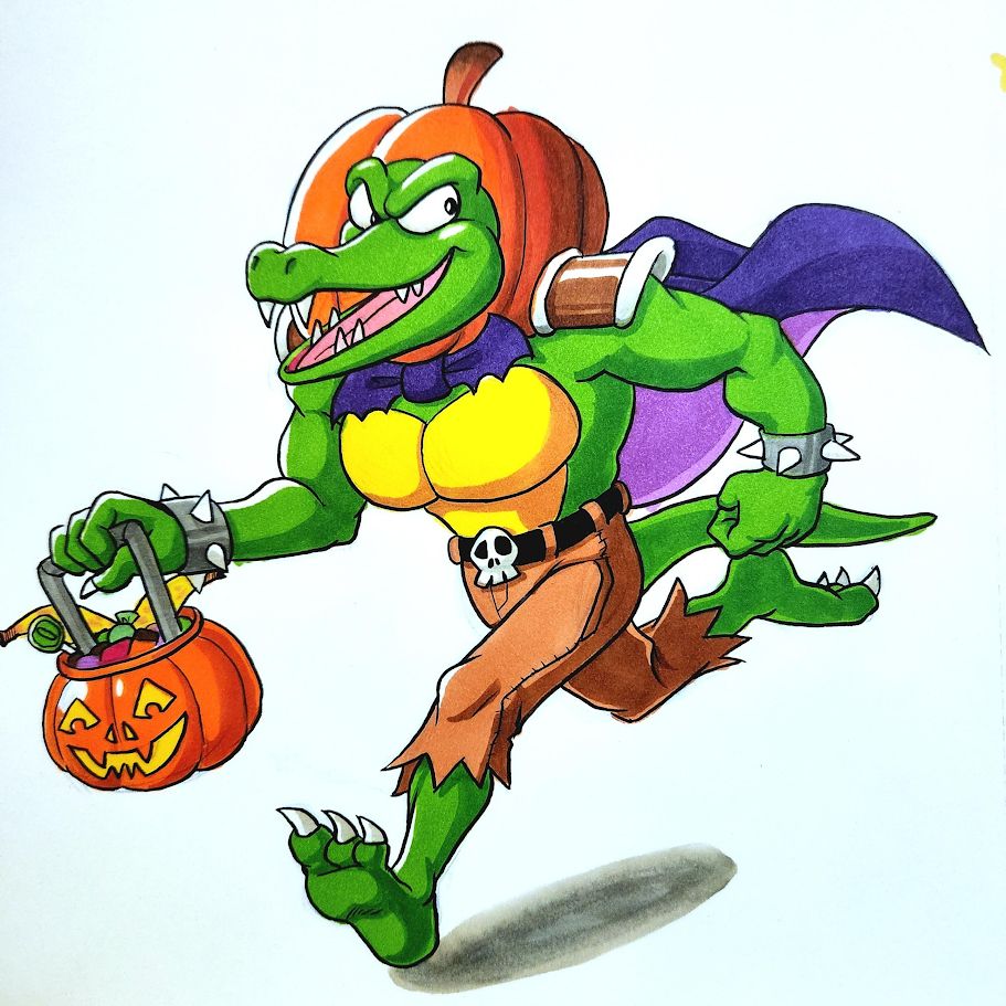 Drawing of a Kritter, a crocodile enemy from DonkeyKong games, dressed up for Halloween running while holding a pumpkin candy bucket.