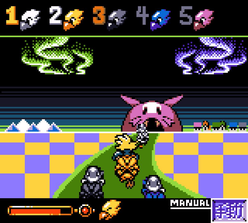 Gameboy Color styled pixel art mockup of Final Fantasy 7 on GBC. The scene shows the chocobo race with cloud in the middle of the scene and 2 opponents behind and one in front. Cloud is currently in 2nd place. In the distance some aurora borealis can be seen as well as some houses, mountains and some pink monster structure on the horrizon.