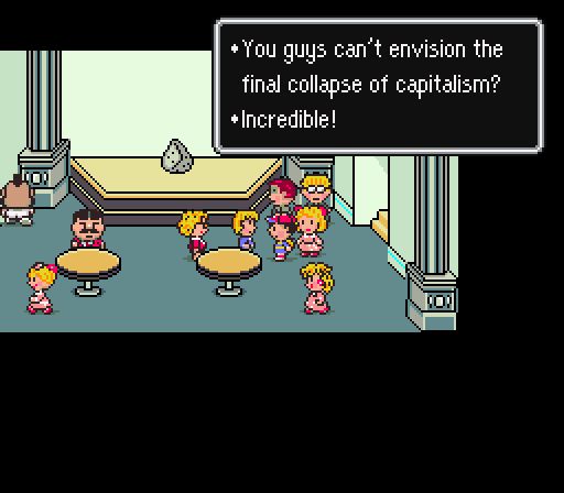 Screenshot from EarthBound where a character talks about the collapse of Capitalism. 