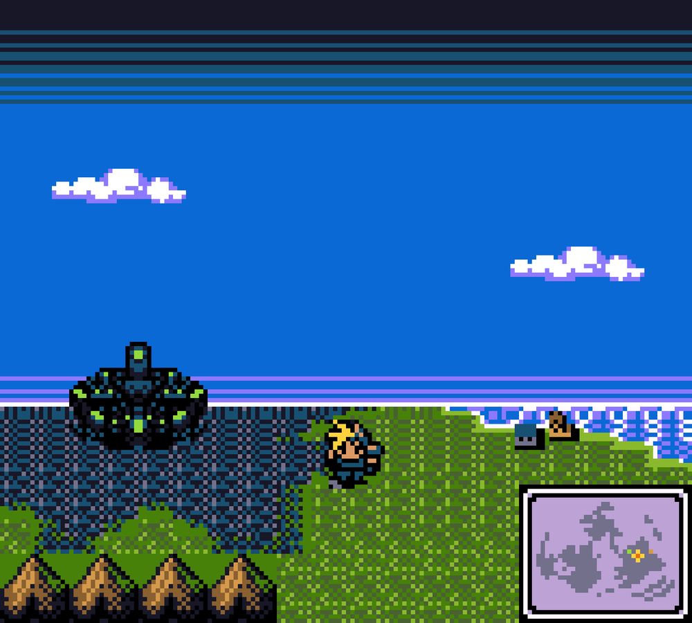 Gameboy Color styled pixel art mockup of the Final Fantasy 7 world map from a perspective view. I had this idea that you could switch between top down and a Mode7 esque view. I was going to animate this transition but ran out of steam.

Cloud is wantering the map with Midgar visible in the top left corner on a patch of scorched ground. To the right grassy feilds and the town of Kalm visible near the shore. At the bottom are some mountains and in the bottom right corner a mini map. Up top is a clear sky with a few clouds.