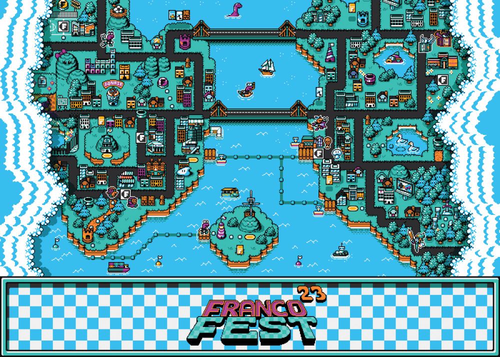 Pixel art map of Halifax made for the 2023 edition of FrancoFest. Many landmarks of the city are depicted like the citadel, George's Island, Sullivan's Pond & that wave all the kids climb despite the big "Do not Climb" sign.

Getting to do something that got plastered all over the city promoting such a landmark Acadian/Francophone event in the city I live in was honestly one of my proudest accomplishments. 