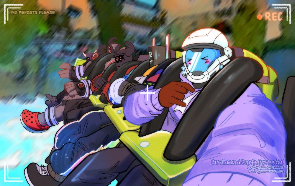 digital painting of five characters (Penmaster Kevin / Obsidian / Veldarus / Chrono / Somber) riding Alton Towers' Toxicator. they are having varying degrees of fun
