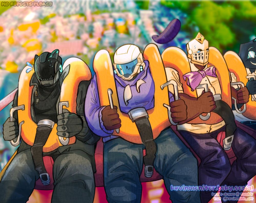 My OC (Penmaster Kevin) riding a Booster Maxx thrill ride while accompanied by other OCs: Rick (Ziikuna), Mariachi (Maskavado), Narrator (vo1dstud1os).