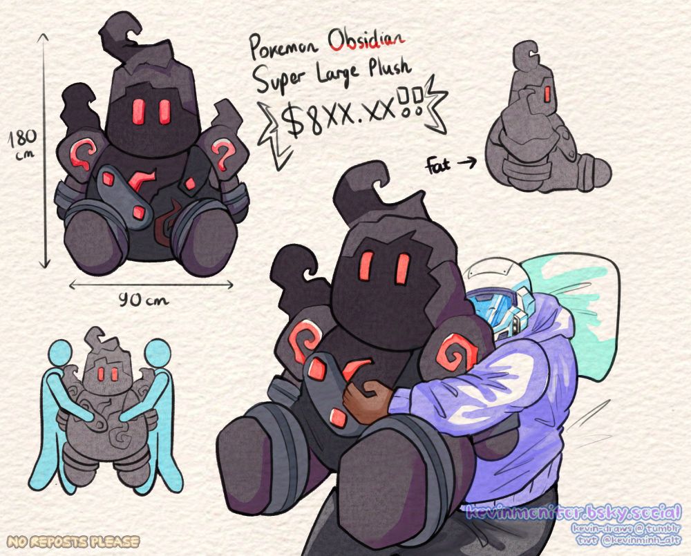 Reference sheet of a super big plush toy modeled after thatonefrogxd's Golurk character "Obsidian". There is also a sample image of my character Penmaster Kevin cuddling with one.