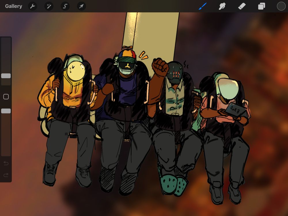 Digital painting work-in-progress featuring Risk of Rain characters (Commando, Captain, Pilot, Artificer) on a pendulum carnival ride.