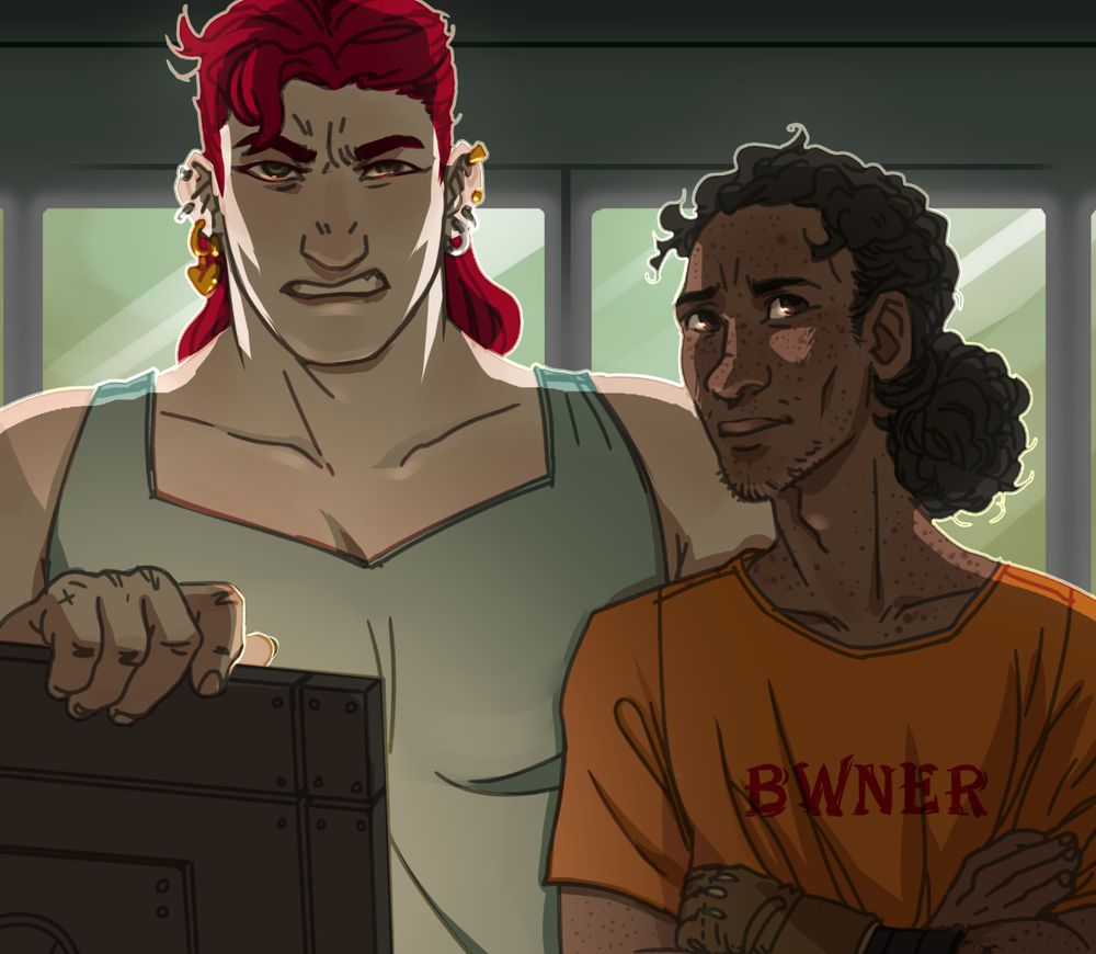 A tall, broadly-built young woman with blood-red hair snarls, one hand resting atop a computer monitor facing her, and beside her a young man wearing one work glove looks concerned.