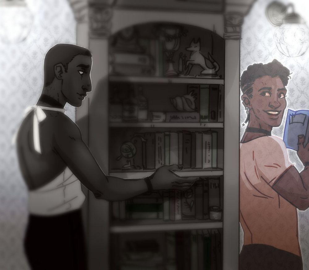 Two young Black men stand on either side of a bookcase, one in black and white smiling faintly as he runs his fingers along the underside of a bookshelf, while the other, who's in color but transparent with the wallpaper visible through him, holds a book and grins.