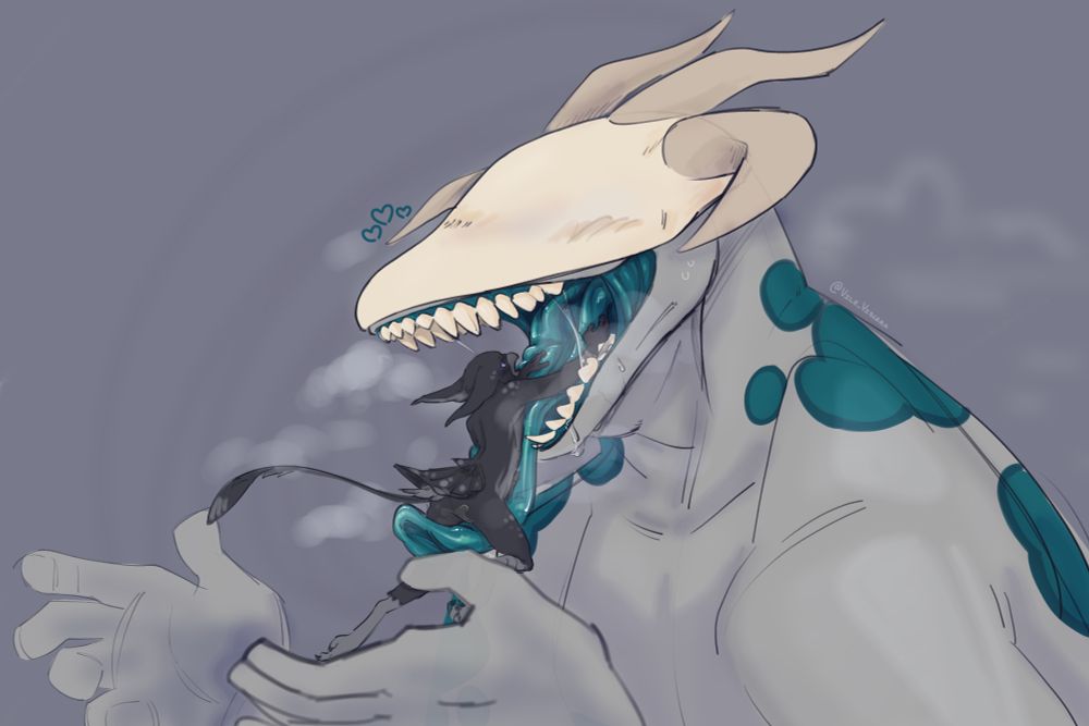 CryptidCrow's fursona, Corvus, resting on the tongue of his OC Keldryn, staring down her throat.