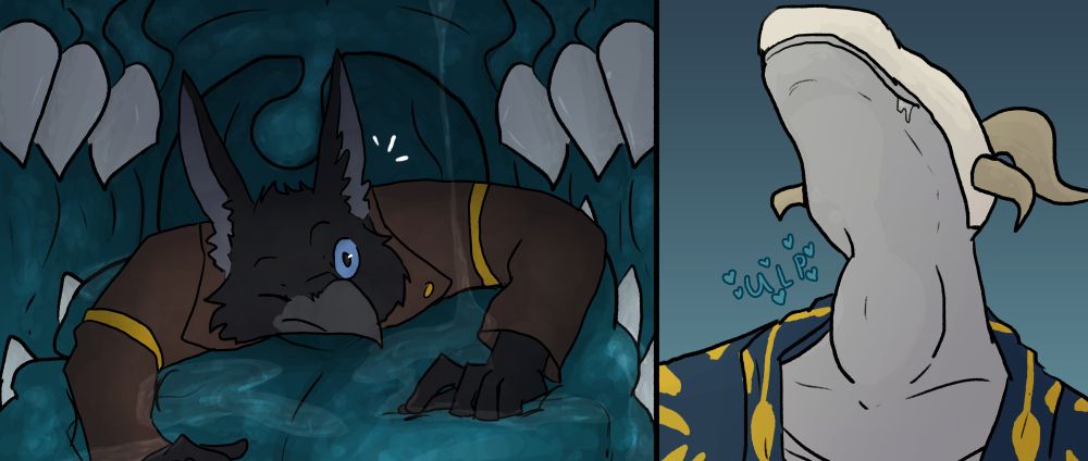 A horizontal 2 panel comic. The first panel depicting CryptidCrow's fursona, Corvus, already partially sliding down into a blue throat, flanked by sharp teeth. The second panel reveals that the throat belongs to his character Keldryn, who swallows him down with an "ulp" sound, and a large bulge going down her neck as she does.