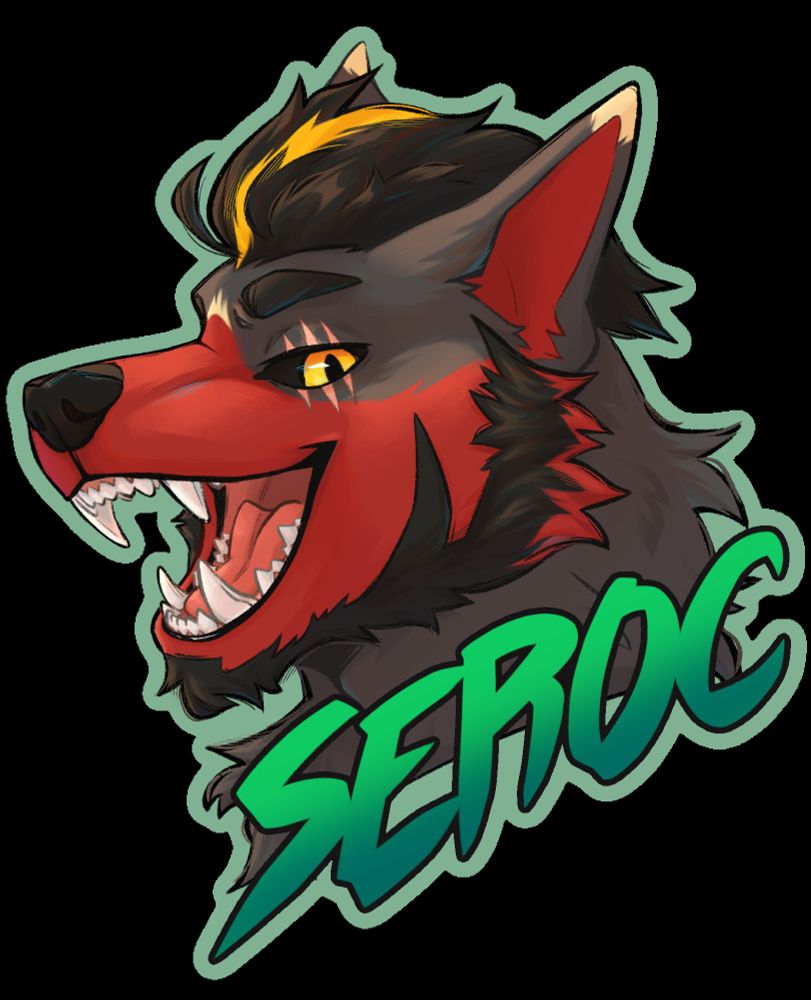 Badge commission of a furry fox-wolf character. He's depicted giving a smug smile, with his name "Seroc" written below