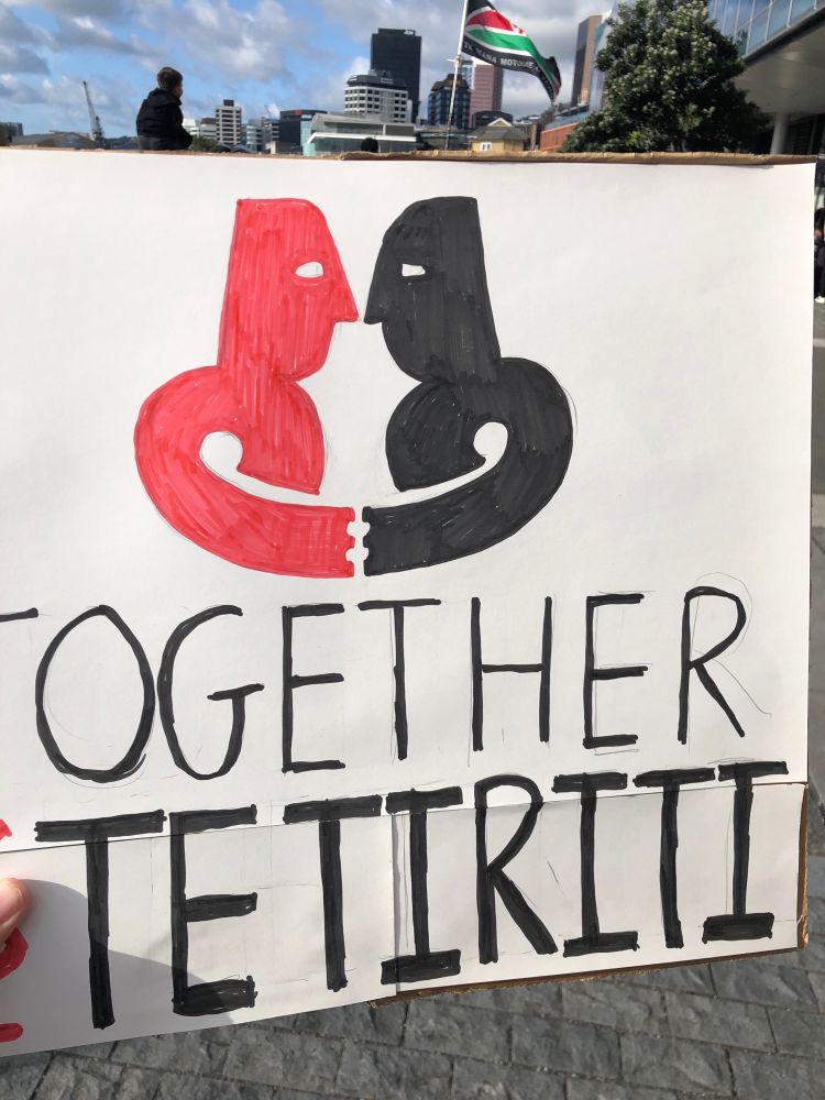 A protest sign that says Together for Te Tiriti, with a picture of two people curled together, one red and one black