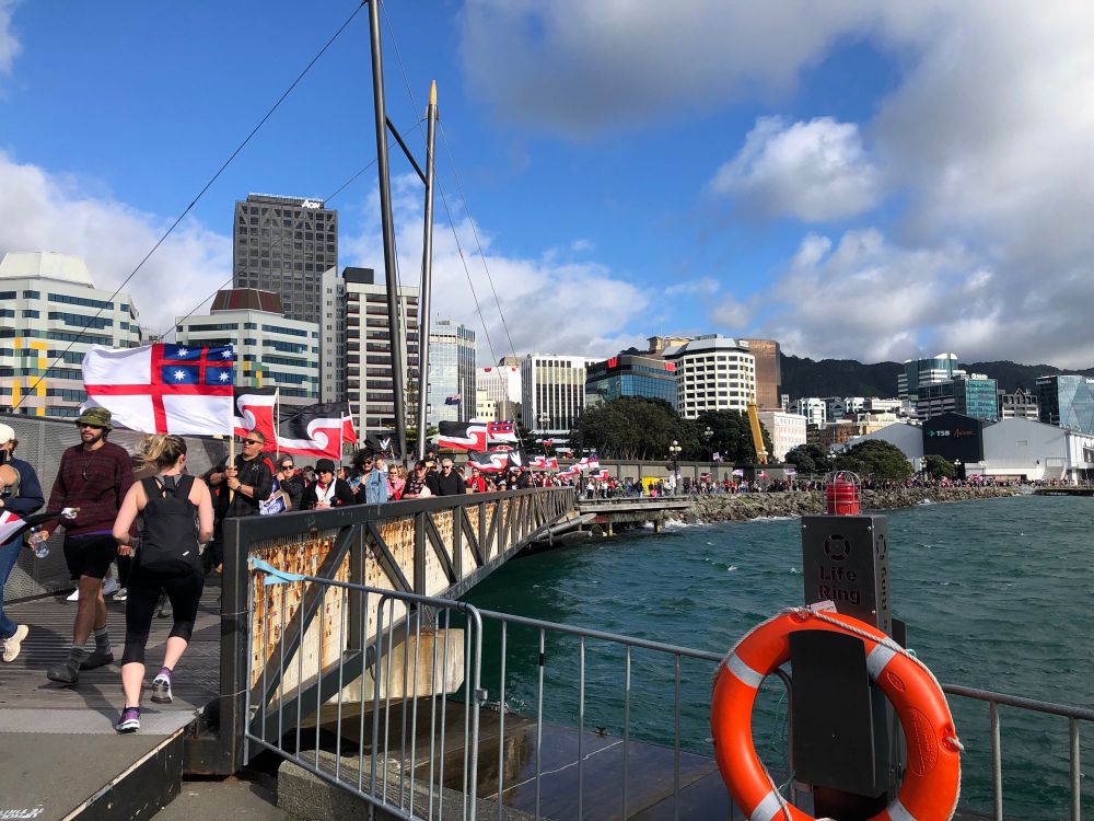 A photo taken from one end of a bridge of all the tino rangatira flags and people walking from Wellington train station to Waitangi park before the Hīkoi