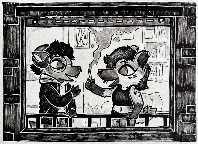 Two anthropomorphic animals drawn in the style of the game Night in the Woods, one is a hyena and the other is a sheep. The hyena on the right is passing a joint to the sheep on their left.