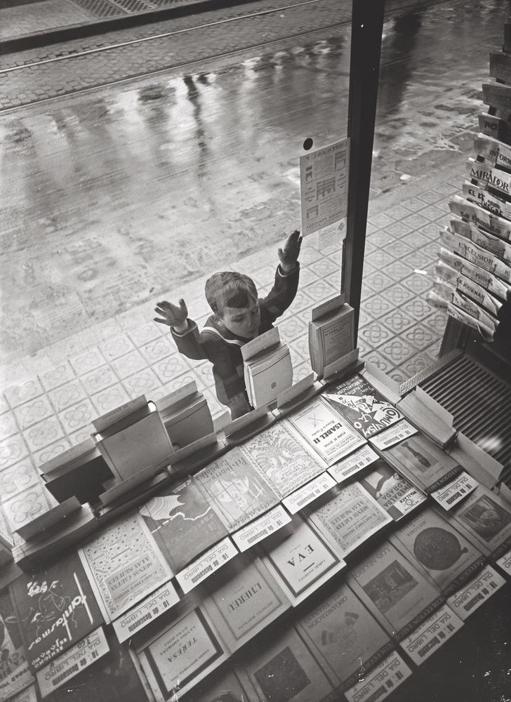 A little boy stands with his arms outstretched against the glass as he gazes through a window at a book. 