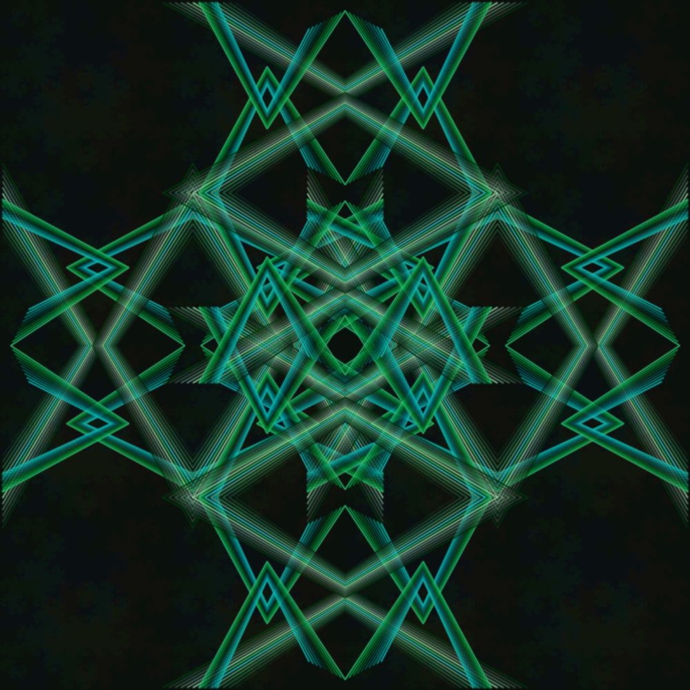 Abstract geometric patterns inspired from working with looms. Shades of green to blue green combine with creme to form many interlocking arrow shaped repeating motifs. 