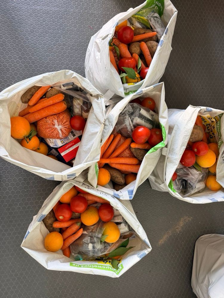 Lebensmittel-Pakete für Geflüchtete an den Außengrenzen Europas 
4 Sacke für je 1 Person: Trockenlebensmittel wie Reis, Nudeln, Zucker, Tomaten- Sauce, Reis, rote Linsen.
Frisches Obst und Gemüse: Karotten, Tomaten, Kartoffel, Zwiebel, Orangen 