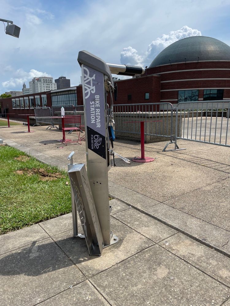 A bike maintenance station with pumps