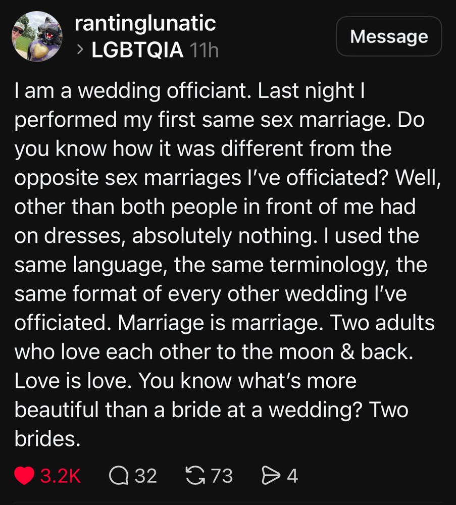 Post on Threads about a same-sex wedding posted by the officiant. Love is love. 