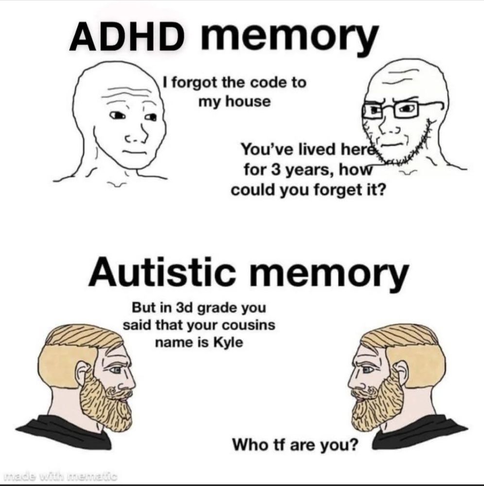 ADHD Memory: I forgot the code to my house
Other person:You've lived here for 3 years, how could you forget it?
Autistic Memory: But in 3rd grade, you said your cousin's name is Kyle
Other person: Who TF are you?

Credit: Unknown