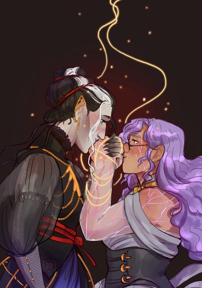 Laudna and Imogen with their hands clasped, kissing each others knuckles with a loving gaze. A glowing yellow thread is wrapped around their hands and disappears towards the top of the image. 