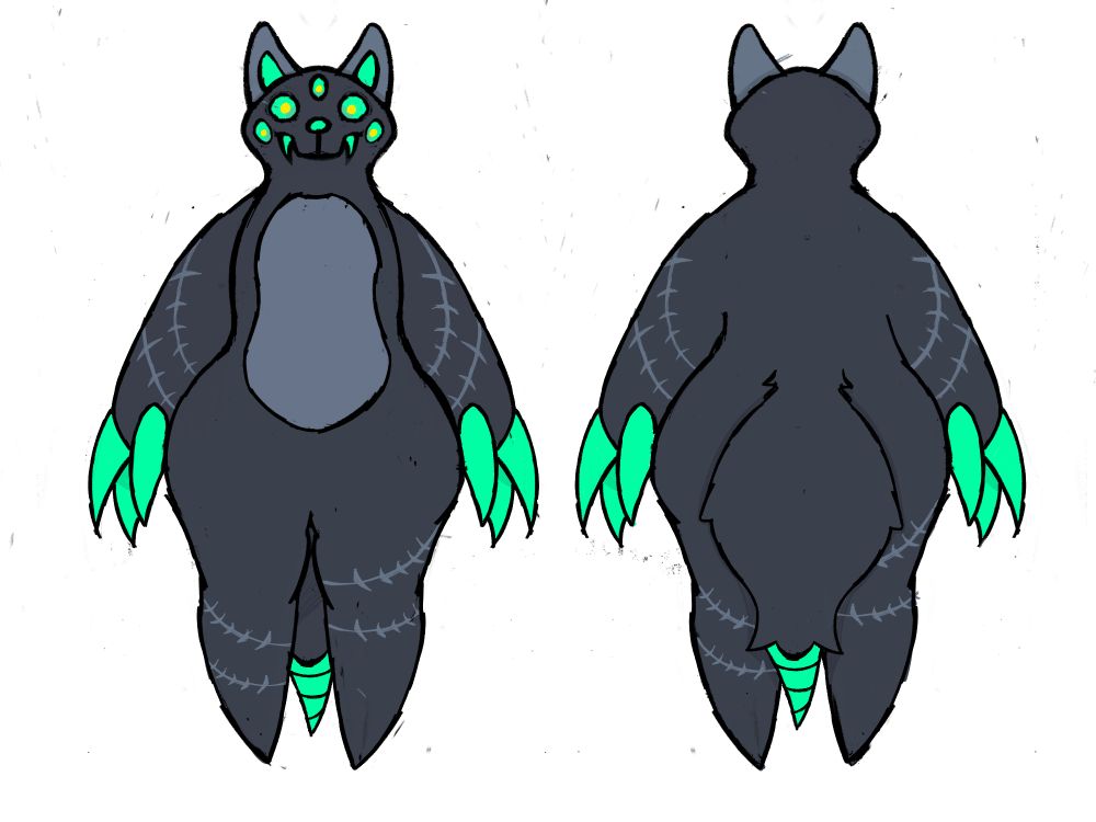 An anthropomorphic creature, they're primarily greyish blue with neon green claws, eyes and fangs