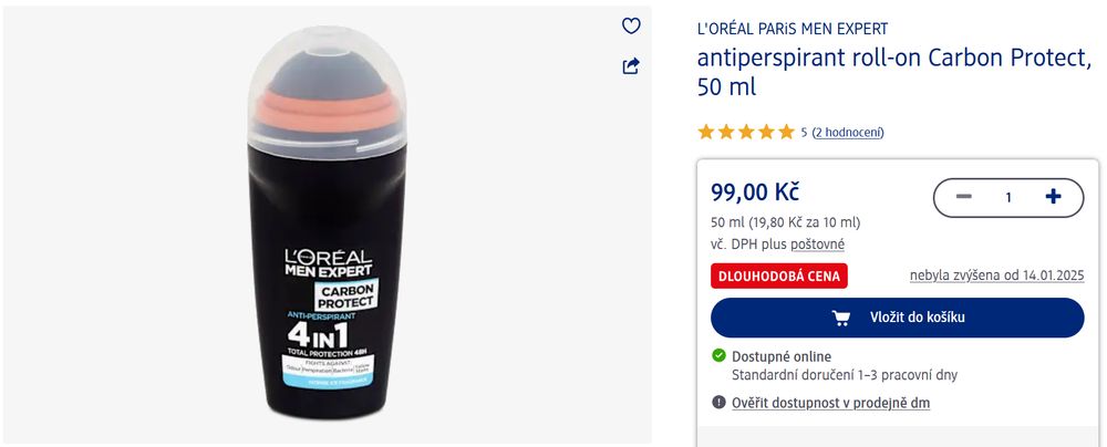 Snímek z e-shopu dm.cz s kuličkovým antiperspirantem L'Oreal Men Expert Carbon Protect, 50 ml, s cenou 99,00 Kč .
https://www.dm.cz/l-oreal-paris-men-expert-antiperspirant-roll-on-carbon-protect-p3600522107941.html