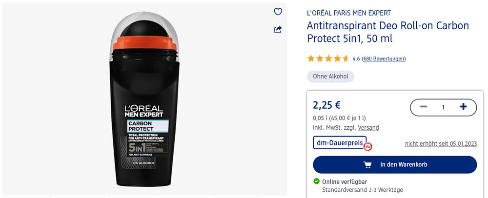 Snímek z e-shopu dm.de s kuličkovým antiperspirantem L'Oreal Men Expert Carbon Protect, 50 ml, z cenou 2,25 €.
https://www.dm.de/l-oreal-paris-men-expert-antitranspirant-deo-roll-on-carbon-protect-5in1-p3600523741465.html