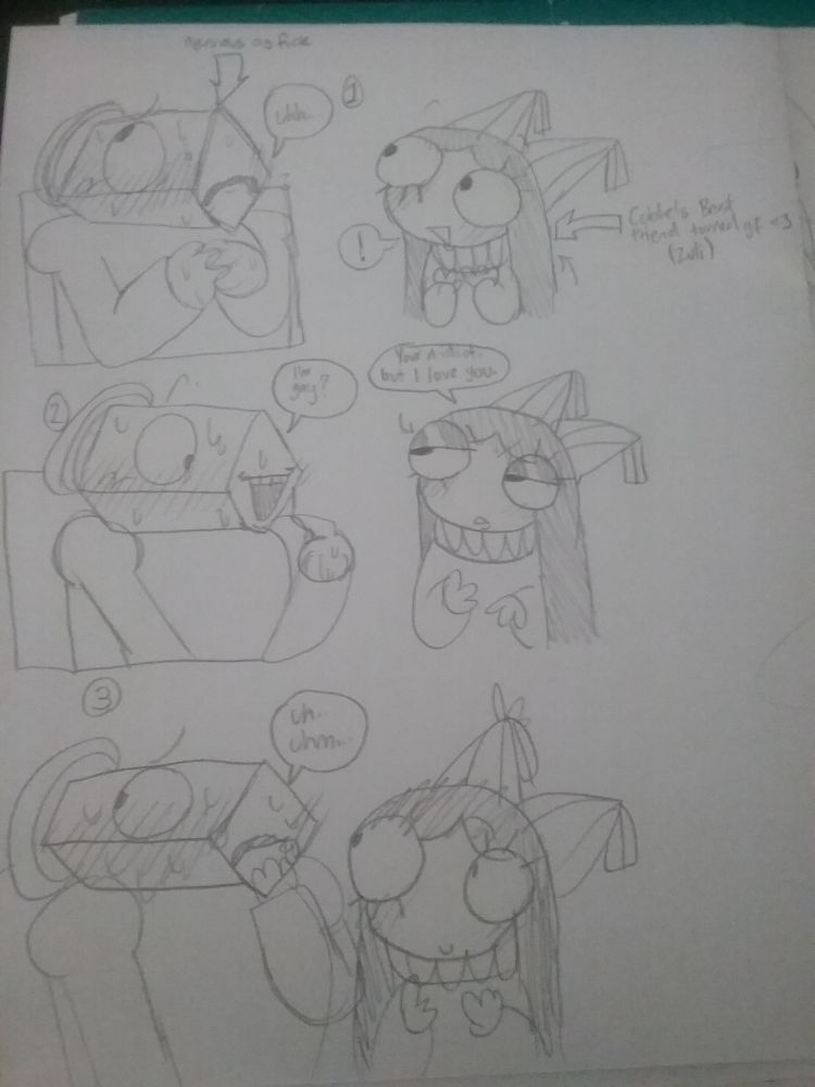 Zuli and Cuble are talking to each other. Cuble is very nervous and sweaty since he hasn't talked to a girl before. Cuble says "I'm gay?" No longer after, Zuli replies "Your a idiot, but I still love you." In a flirty, sassy way. Cuble starts stuttering like a idiot again, making Zuli smile 