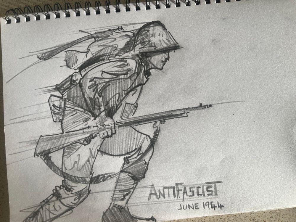 Pencil sketch - a US soldier storming Normandy beach. 