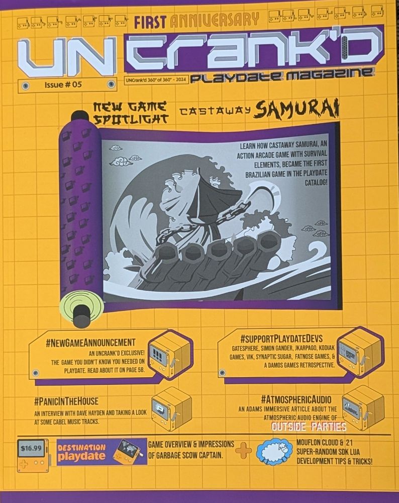 The cover for issue 5 of Uncrank'd magazine. In the lower right quadrant, the #supportPlaydateDevs sections lists Synaptic Sugar