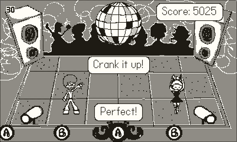 Game level taking place in a dance club. The main character is off to the left, a character resembling a ballerina is on the right. Button icons marked A and B are scrolling at the bottom from right to left, while a disco ball hangs in the air. Two large speakers are at the top corners of the image, and the static silhouette of a crowd can be seen toward the top. Three text labels are also present: "Perfect!" right above the button icons; "Crank it up!" below the disco ball; "Score: 5025" in the top right corner.