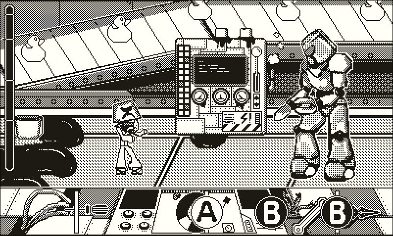 An encounter with a robot. A character stands on the left side, and a big robot on the right side, facing each other. The setting is that of a factory, with a conveyor belt moving rubber ducks directly behind the two characters, a strange machine in the middle, and some large oil spills on the floor. Button prompts scroll from right to left over a DJ console at the bottom of the screen.