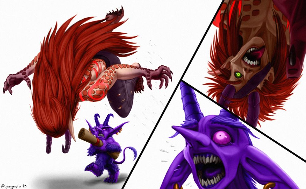 Karthuro (my demon hunter WoW OC) launching over a purple imp holding a scroll. The other two diagonal comic panels is: the imp realizing it's about to be grabbed and screaming in horror, and the panel above that is it's point of view seeing Karth looking maniacal with his hand outstretched.