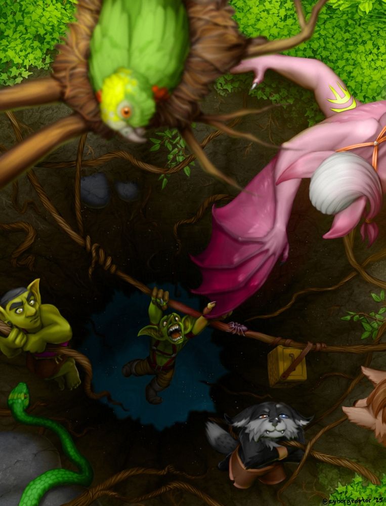 A fully rendered top-down view of my character (Hanabie) offering an extended wing to lift Vinny out of a pit that leads to a deep underwater cave. Vinny, Krax, and Pronto are hanging on by vines to not fall in. Some wildlife (a spider, snake, and parrot) looks at them out of curiosity.