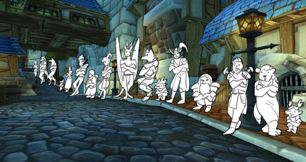 screenshot of stormwind with a quick draw over of RP characters lined up against the walls doing the /lean emote