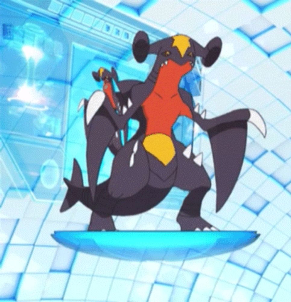 a cartoon pokemon is standing on a blue platform in a room .