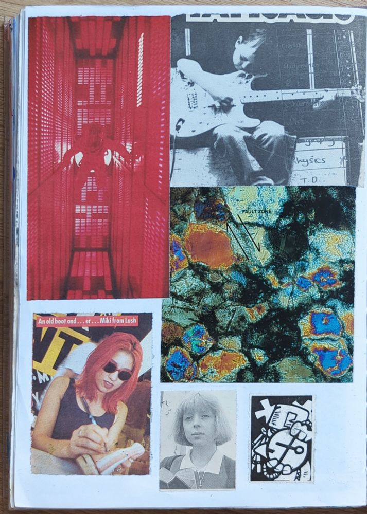 A page from a collage scrapbook. At the top left is a colour photograph of a thin rectangular space lined with a red grid. In the centre of this floats an astronaut, aligned vertically. To the right of this is a black-and-white photograph of a child playing an electric guitar while sitting on a box. Overlaid is some sort of school report. Under this is a colour photograph of a magnified piece of mineral showing colours like oil on water. The words "FAULT ZONE" are written in small letters next to two diagonal arrows with one side of each head missing. They point to the NW and the SE. Under this is a small high-contrast cartoon of someone holding a white circle with a cross on it. To the left of this is a small black-and-white portrait photograph of a woman with light bobbed hair wearing a dress and cardigan with a white blouse showing at the collar She has a small cross on a chain around her neck and carries an open bible in front of her. To the left of this is a colour photograph of a woman with long straight tomato-red hair signing a training shoe. She wears a sleeveless black top and sunglasses. There is part of a screen with large black letters saying "NT" on a yellow background. At the top of this are the words "An old boot and ... er ... Miki from Lush".