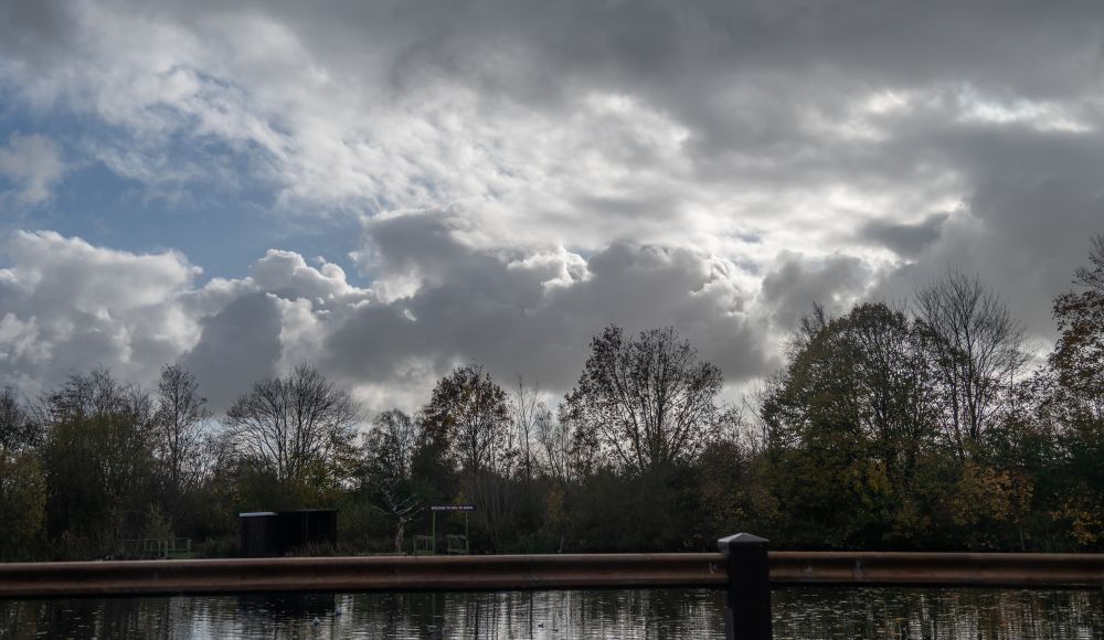 A colour photograph of a row of winter trees against a busy sky of blue and clouds. There is a lake int he foreground and in front of that the blurred image of a horizontal wooden fence.