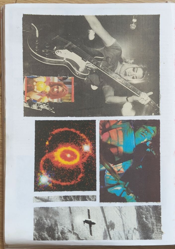 A page from a collage scrapbook. All the images on the page are viewed correctly if the page is turned 90 degrees to the left. On the left is large black-and-white photograph of a woman with long hair and wearing a short-sleeved T-Shirt, playing an electric guitar. She has her left hand high on the fret board and her right hand extended downwards out of the picture. Pasted over the bottom right of the image is small colour photograph of the same woman who has red hair holding out an orange to the camera. To the right of this is a moody colour photograph of a man lit by stage lights playing an electric guitar. Under him is a picture of the two adjacent orange rings of a nebula with two white stars neat it. To the right of this is a small vertical strip cut from a black-and-white image. To the right of this the whole height of the frame is a thin black-and-white image of a rural landscape taken from the air. In the centre of the image is a V1 Flying Bomb flying away from the camera.