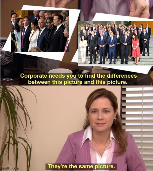 Meme: Corporate needs you to find the Difference.... Rechts: Tech-Milliardäre bei der Trump Amtseinführung. Links: Deutsche Konzernchefs bei Merz' Wirtschaftsgipfel.