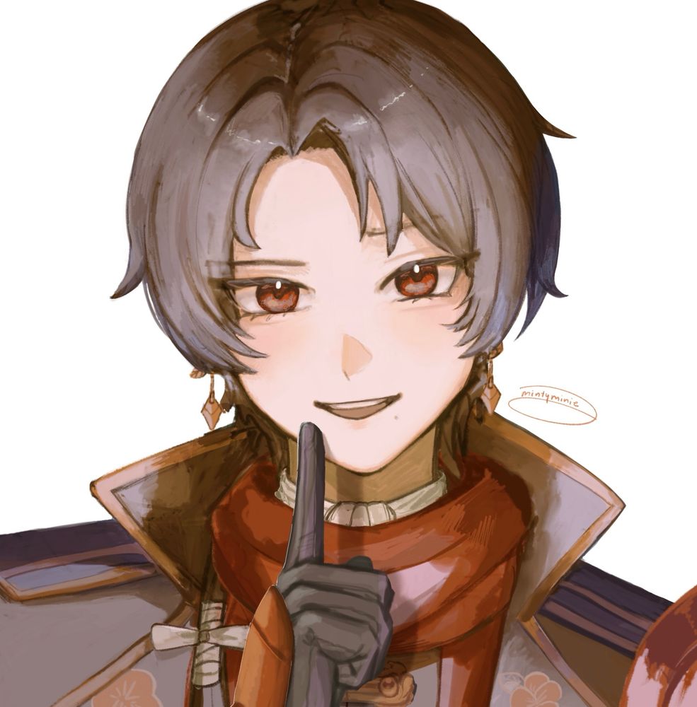 Kashuu Kiyomitsu from Touken Ranbu, finger near the corner of his mouth, giving a cheeky look