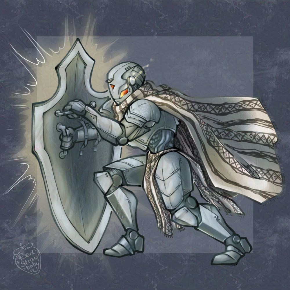 A digital character portrait of a warforged paladin, wearing a poncho. He is holding a shield in front of him with a divine glow and his eyes and mouth are steaming.
